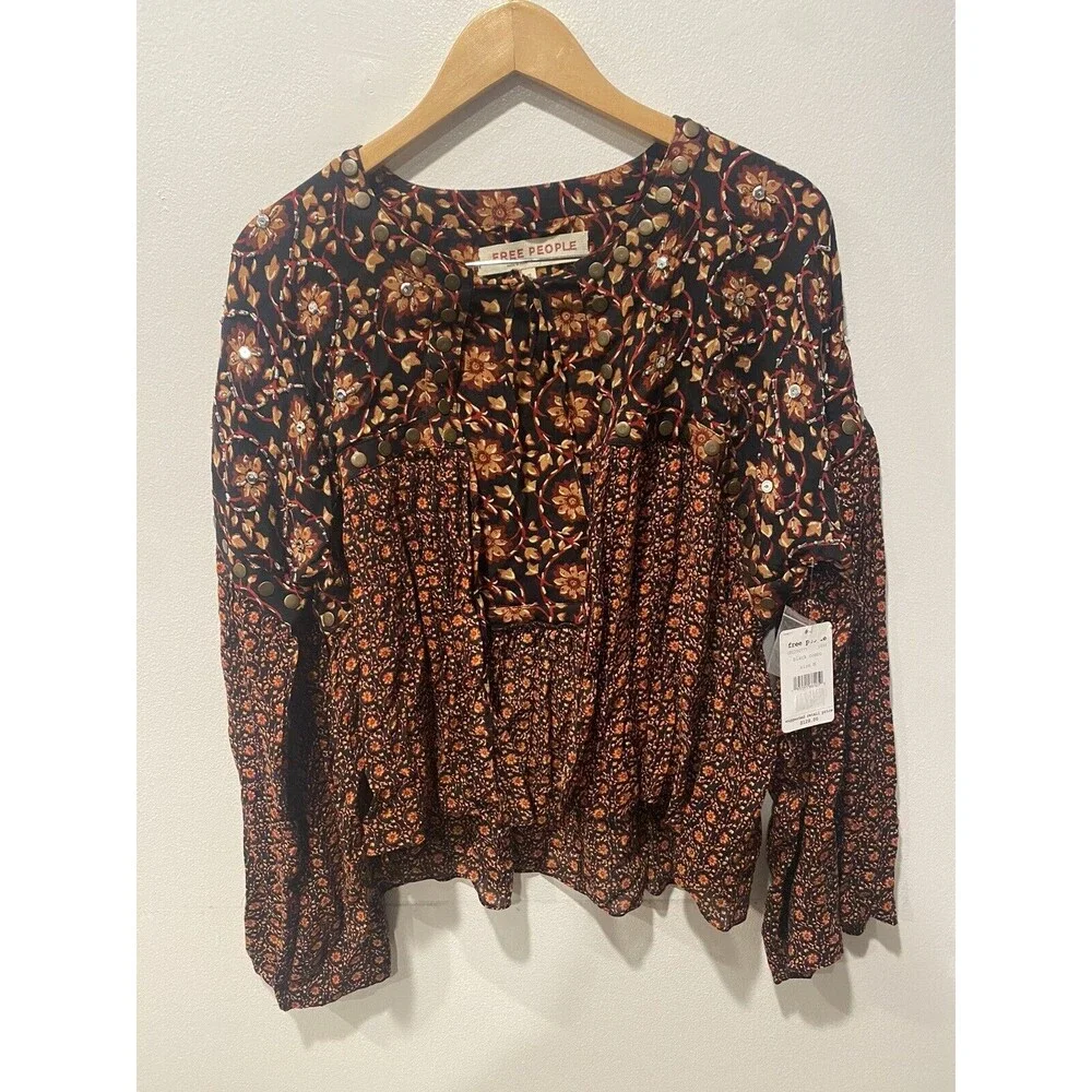 Free People Women's Malia Embellished Floral Babydoll Top Black Combo medium